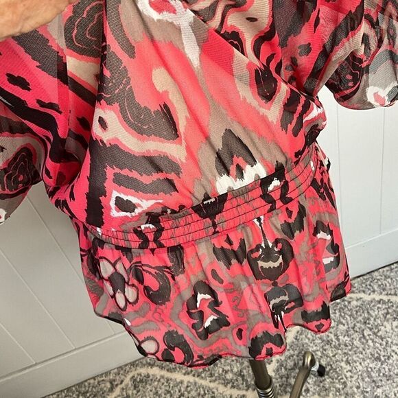 INC International Womens Medium Sheer Blouse Orange Brown Elastic Waist - Picture 9 of 14